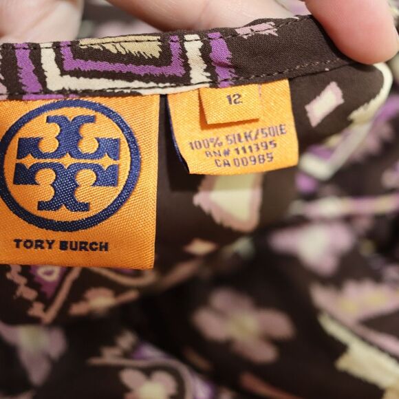 Tory Burch Size 12 Vintage 90s Purple Brown Patchwork Ruched Sleeve Silk - Picture 8 of 11